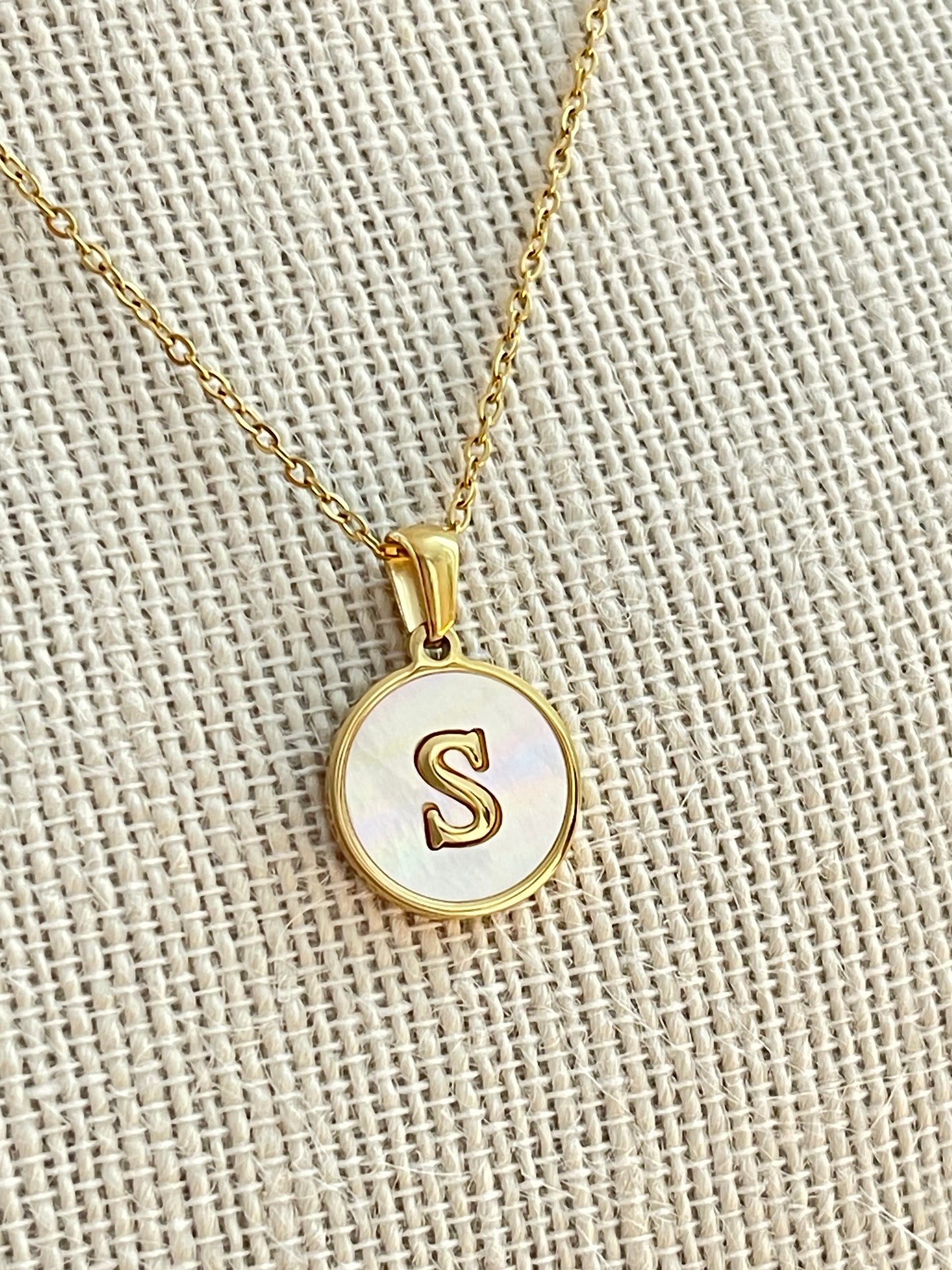 Gold Stainless Steel/Mother of Pearl Letter S Necklace