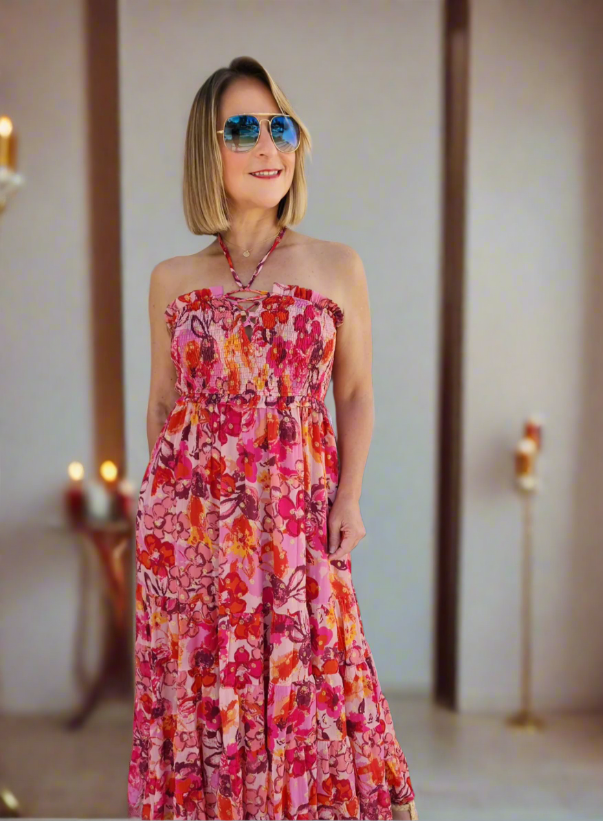 Floral Red Strapless