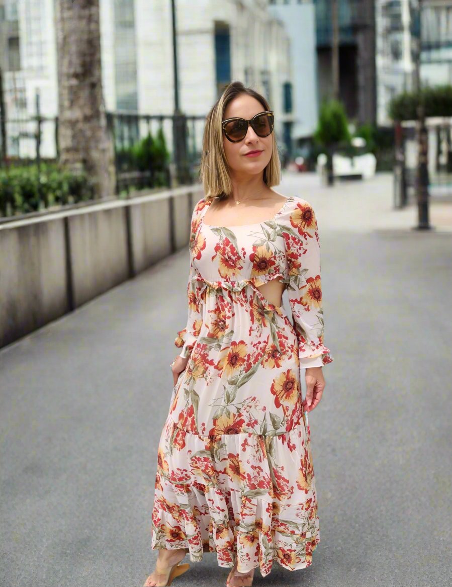 Cutout Flower Print Maxi Dress