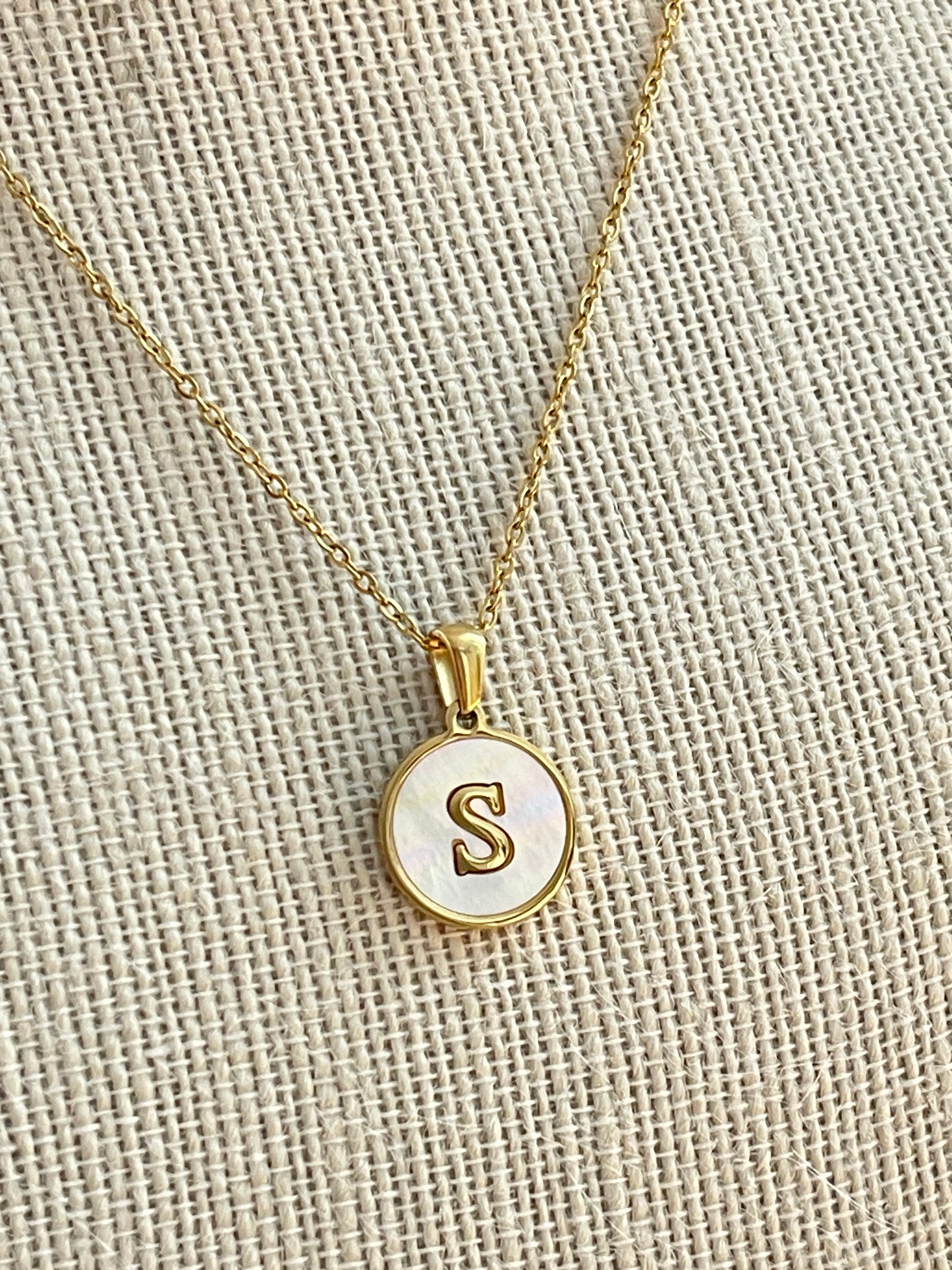 Gold Stainless Steel/Mother of Pearl Letter S Necklace
