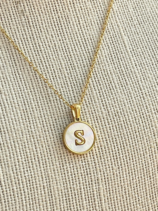 Gold Stainless Steel/Mother of Pearl Letter S Necklace