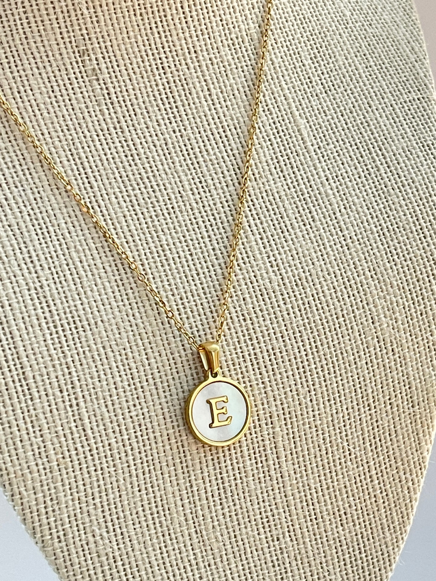 Gold Stainless Steel/Mother of Pearl Letter E Necklace