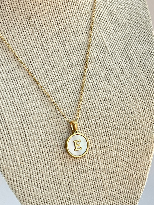 Gold Stainless Steel/Mother of Pearl Letter E Necklace