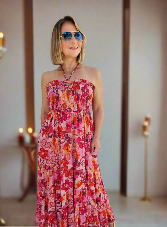 Floral Red Strapless